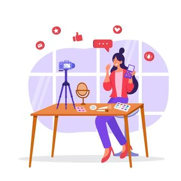 Female makeup content creator doing makeup tutorial live on youtube in studio 스톡 일러스트