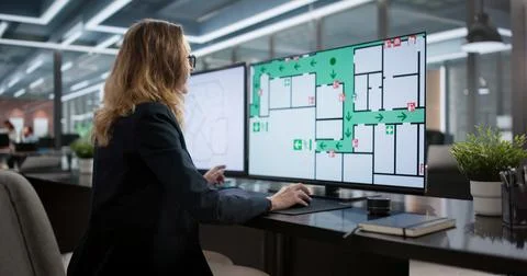 Female Manager Creating Emergency Fire Evacuation Plan On Office Computer Stock Photos