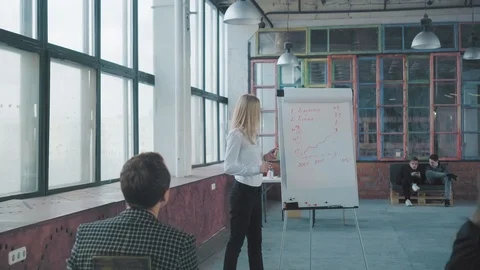 A female manager stands next to a flipchart in the audience and discusses her Stock Footage 107996583