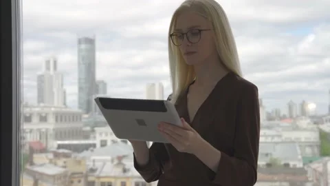 Female manager using digital computer tablet in office. Smart businesswoman Stock Footage 159343650