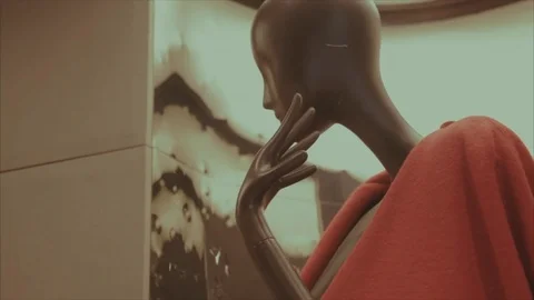 Female mannequin in a red jacket inside a fashion house Stock Footage 83206243