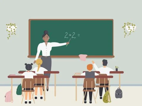 Female math teacher explaining multiplication to elementary school pupils Stock Illustration