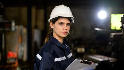 Female mechanical engineer manager checking and inspecting engine machine 스톡 사진