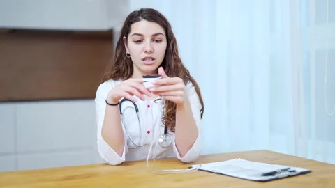 Female medic talking to the camera. Online consultation with a family doctor.  Stock Footage 145239813