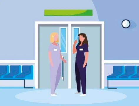 Female medicine workers in elevator door イラスト素材