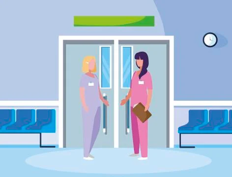 Female medicine workers in elevator door Stock Illustration