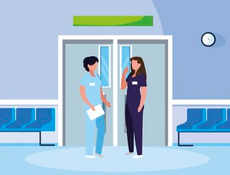 Female medicine workers in elevator door Stock Illustration