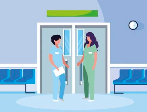 Female medicine workers in elevator door Illustrazione stock
