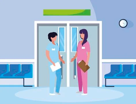 Female medicine workers in elevator door Stock Illustration