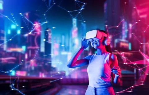 Female in metaverse touching goggle looking far virtual building. Hallucination. Fotos de archivo
