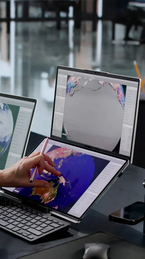 Female Meteorologist Analyzing Climate Data On Computer Screen Stock Footage 329681898