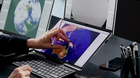 Female Meteorologist Analyzing Climate Data On Computer Screen Stock Footage 330585894