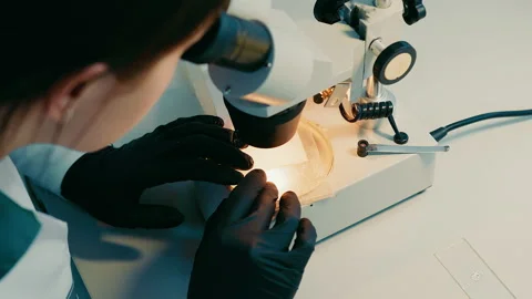 Female microbiologist looking for bacteria under a microscope. A researcher Stock Footage 237015335