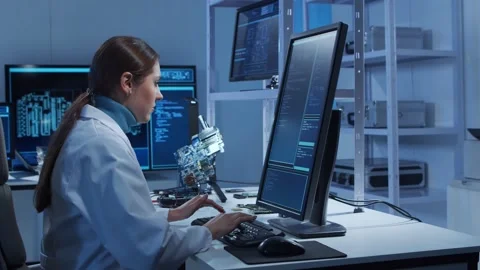 Female microelectronics engineer works in a modern scientific laboratory on Stock Footage 149751973