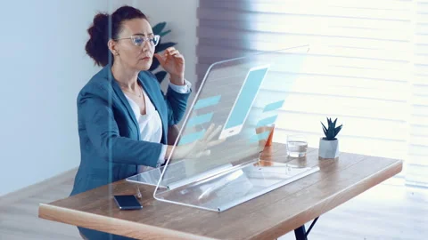 Female Mobile app designer creating smartphone application at futuristic screen 스톡 동영상 172265094