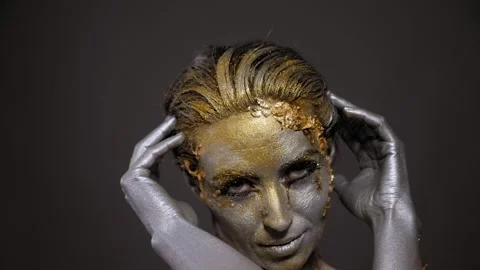 41 Silver Gold Body Paint Makeup Model Stock Video Footage - 4K