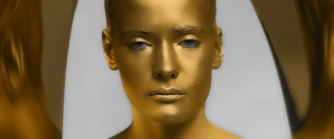 Female model with gold makeup and body art open her eyes and looks at camera Stock Footage 125207853
