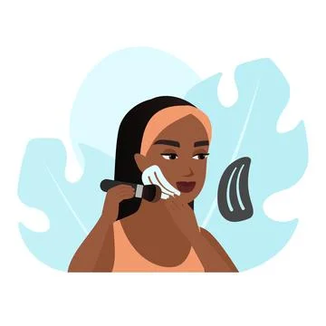 Female model holding stencil to do contouring and makeup, using brush Stock Illustration