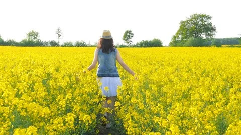 Female model passing through the yellow field Stock Footage 76002778