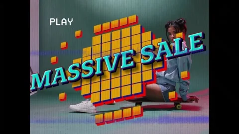 Female model posing on board, MASSIVE SALE banner bursting, overlaying, Stock Footage 331123662