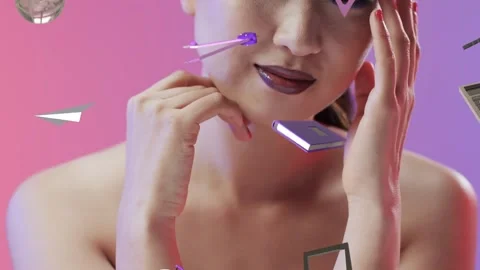 Female model posing starting orbiting purple globe crossing face on pink-purple Stock Footage 334120590