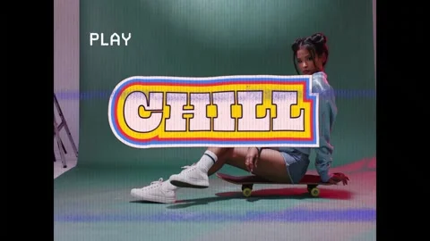 Female model shifting on board as CHILL overlay covering torso changing hue and Stock Footage 332843998