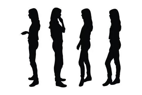 Female model standing in different position silhouette set vector. Woman ac.. Stock Illustration