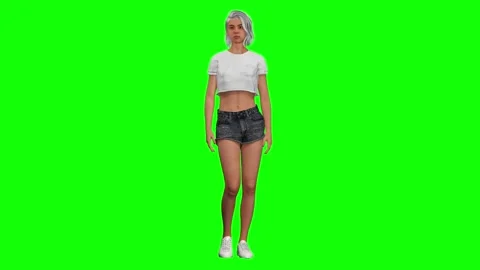Female model standing neutral pose on green screen chromakey background Stock Footage 328636569