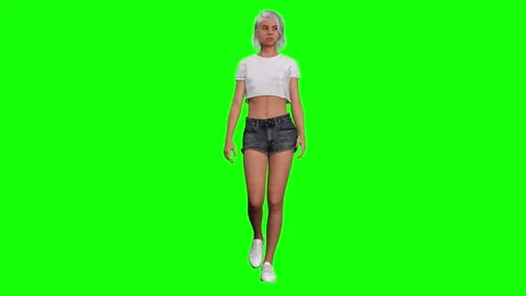 Female model walking forward in relaxed catwalk style on green screen Stock Footage 328636484