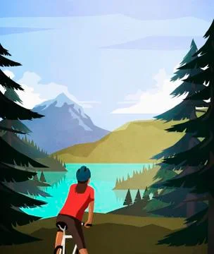 Female mountain biker looking at idyllic, tranquil mountain lake view Stock Illustration
