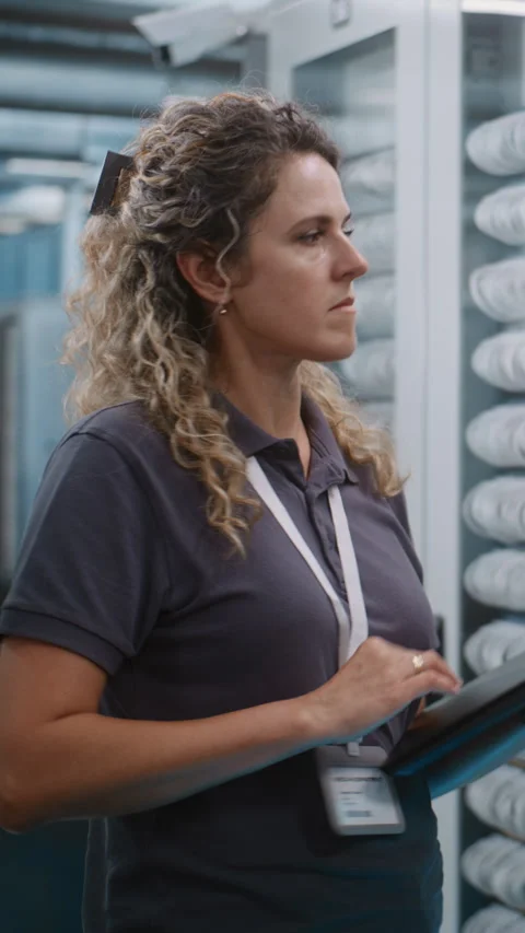 Female Network Administrator Configuring Hardware with Laptop in Server Corridor Stock Footage 344882123