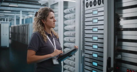 Female Network Administrator Configuring Hardware with Laptop in Server Corridor Stock Footage 344883005