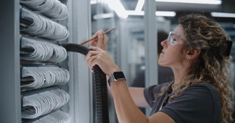 Female Network Engineer Carefully Cleaning Server Rack Cables in Data Center Stock Footage 344879121