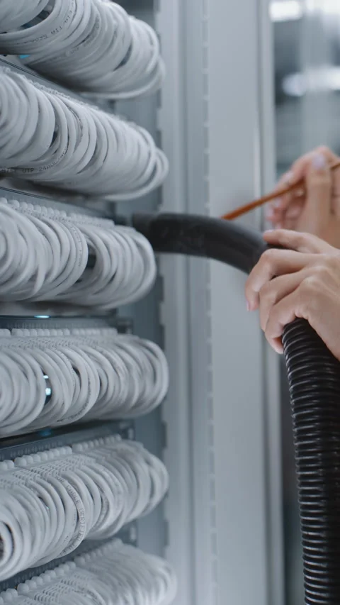 Female Network Engineer Carefully Cleaning Server Rack Cables in Data Center Stock Footage 344879345