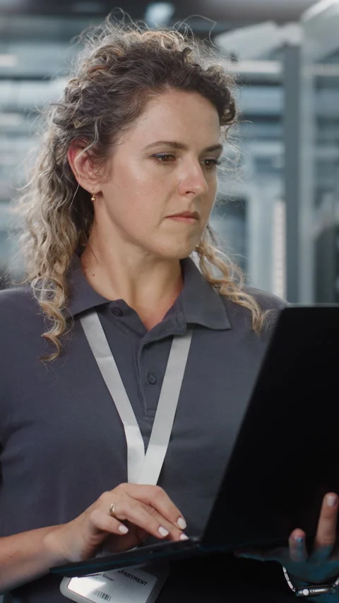 Female Network Engineer Configuring Server Hardware on Laptop Stock Footage 344881457