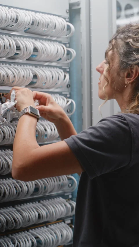 Female Network Engineer Connecting Ethernet Patch Cables in Data Center Stockbeeldmateriaal 344955008