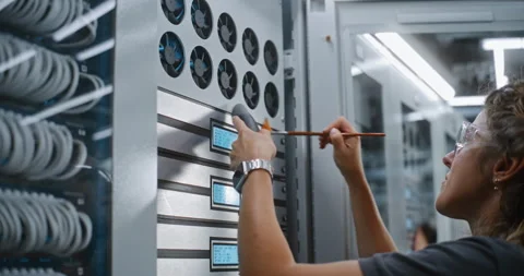 Female Network Engineer Servicing Server Cabinet Ventilation System Stock Footage 344881977