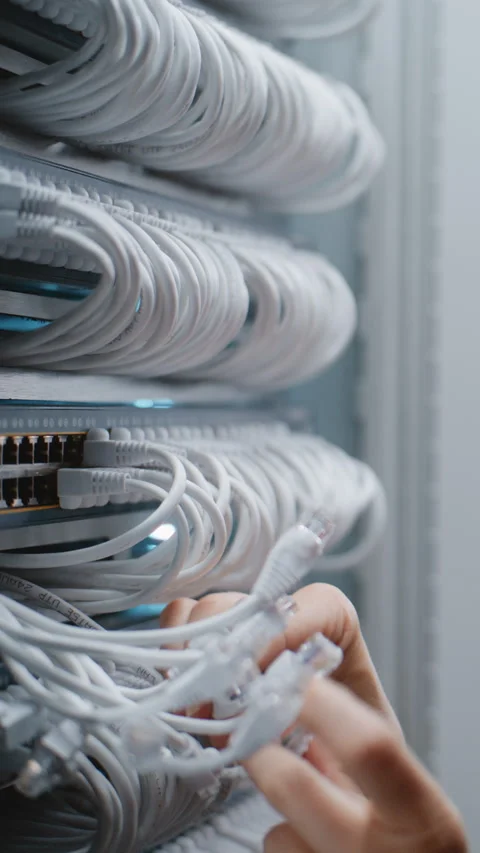 Female Network Specialist Reconnecting Patch Cords Between Server Rack Ports Stock Footage 344956995