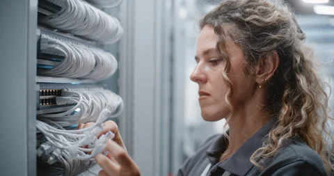 Female Network Specialist Reconnecting Patch Cords Between Server Rack Ports Stock Footage 344959179