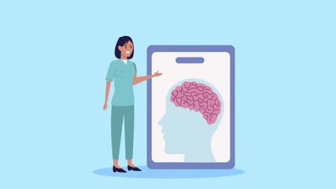 Female nurse presenting human brain profile animation for medical education.. 스톡 동영상 334268512