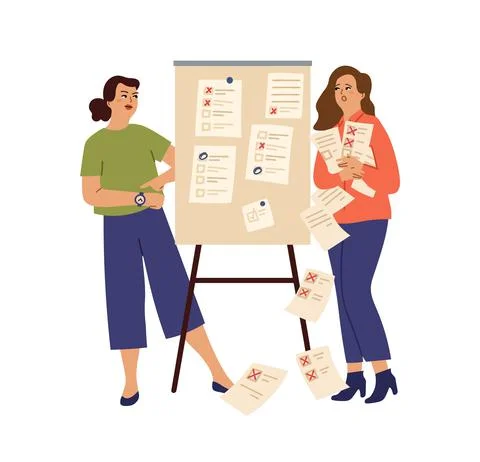 Female office characters. Task board, women with lists. Failed work deadline Illustrazione stock