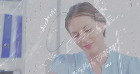 Female office professional marking data on paper for review with animated charts Stockbeeldmateriaal 318064422