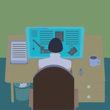 Female office worker at her computer desk. Working room section interior view Illustrazione stock