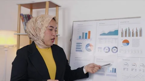 Female office worker standing in front of a whiteboard pointing at a graph,.. Stock Footage 344090930