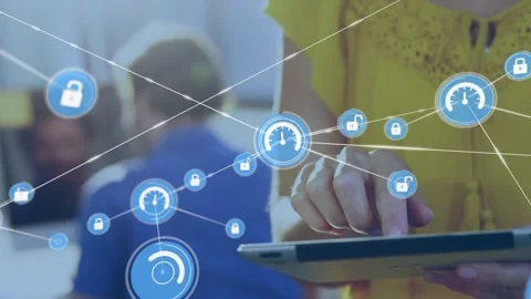 Female office worker tapping tablet and growing blue node network with padlocks, Stock Footage 330981213