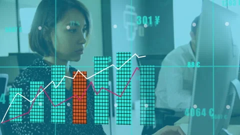 Female office worker typing activating tech grid overlay animated bars rising Stock Footage 310428304