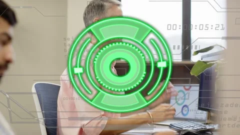 Female office worker typing, adjusting posture, initiating green HUD animation Stockbeeldmateriaal 333774618