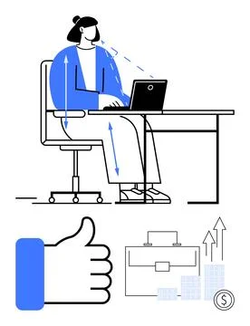 Female Office Worker Using Laptop at Desk with Thumbs Up, Briefcase, Charts.. Illustrazione stock