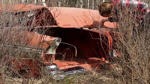 Female opens trunk of old abandoned overgrown car Stock Footage 78827015