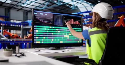 Female Operator Controls Cargo Ship Export Process With SCADA System Stock Photos